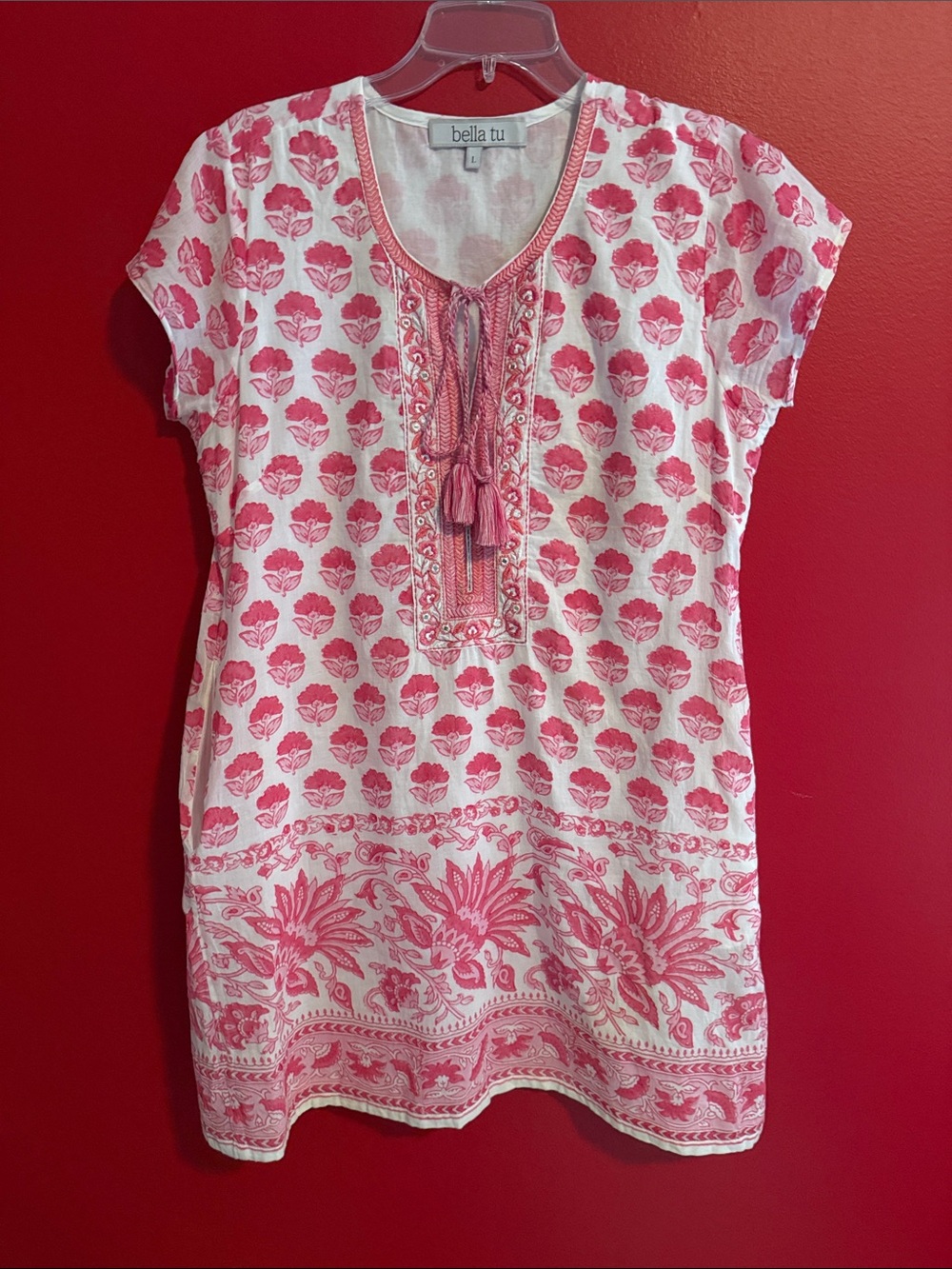 Bella Tu Lightweight Cotton White & Pink Short Sleeve Shift Dress - Picture 9 of 9